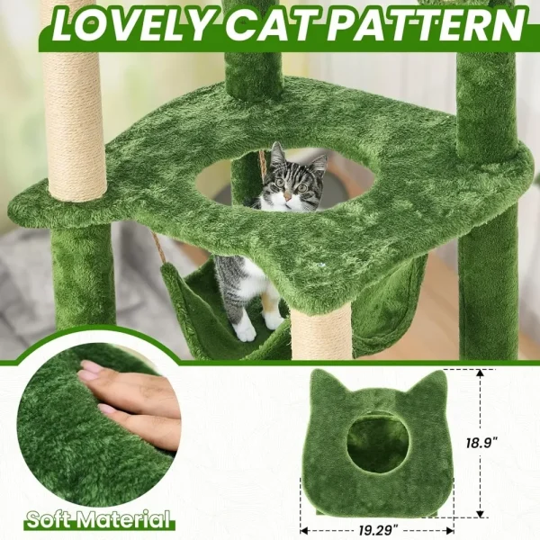 55 Inch Cat Tree Tower for Indoor Cats. Green Leaves Sisal Scratching Post, Plush Hang Ball, Hammock - Image 4