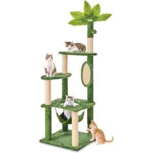 55 Inch Cat Tree Tower for Indoor Cats. Green Leaves Sisal Scratching Post, Plush Hang Ball, Hammock