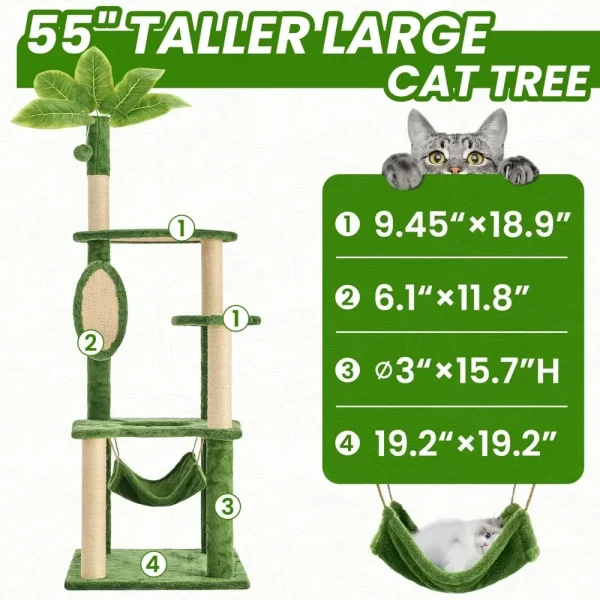 55 Inch Cat Tree Tower for Indoor Cats. Green Leaves Sisal Scratching Post, Plush Hang Ball, Hammock - Image 2