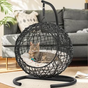 Cat Swing Bed with Stand & Cushion, Cat Egg Chair with Rattan Wicker Appearance, Indoor Hanging Swinging Cat Bed for Cats