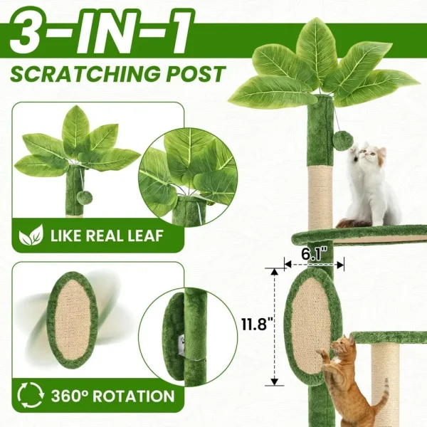 55 Inch Cat Tree Tower for Indoor Cats. Green Leaves Sisal Scratching Post, Plush Hang Ball, Hammock - Image 3