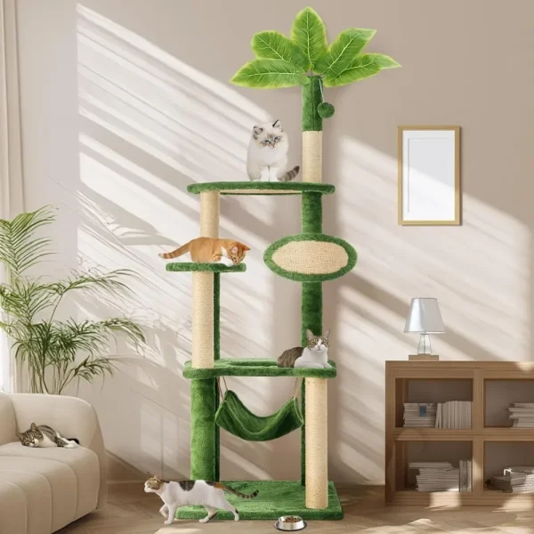 55 Inch Cat Tree Tower for Indoor Cats. Green Leaves Sisal Scratching Post, Plush Hang Ball, Hammock - Image 6
